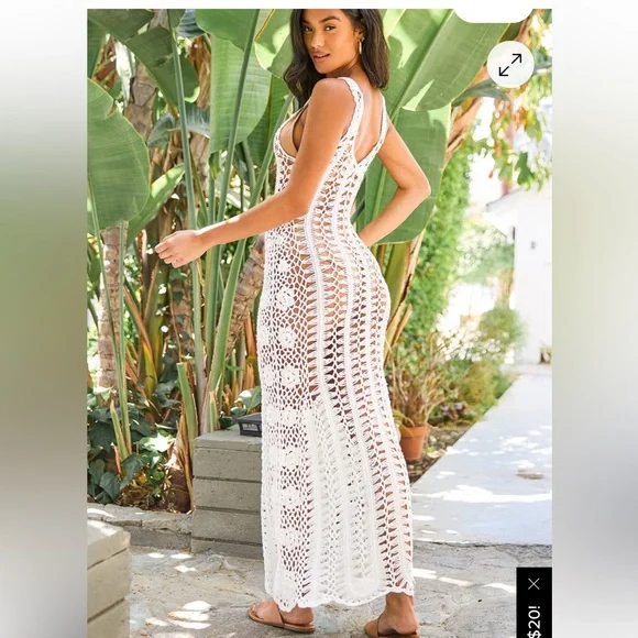 🆕 LULUs ✨ “bring on the beach” crochet bohemian long maxi dress coverup white - Picture 2 of 6